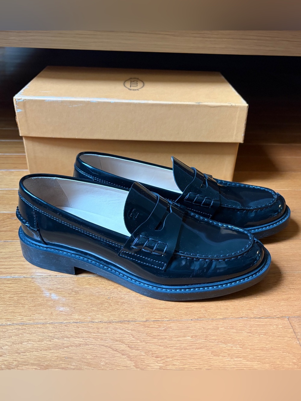 Tod’s Black Patent Leather Penny Loafers thick sole 37.5